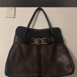 Structured Leather Shoulder Tote in Black and Dark Brown